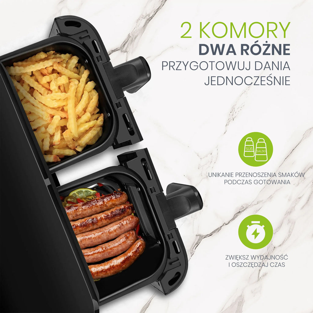 Sinaopus Air Fryer 2400W 10L XXL Dual Basket-LED Touch Screen Oil-Free Fryer, 8 Programs, Temperature Control, Oil-Free Air Oven
