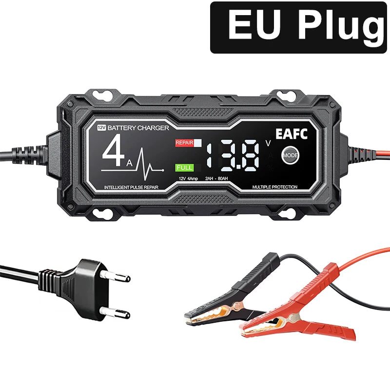 EAFC 12V 4A Car MotorcycleBattery Charger LCD Display  Intelligent Chargers Multiple protection Pulse Repair AGM BatteryCharger