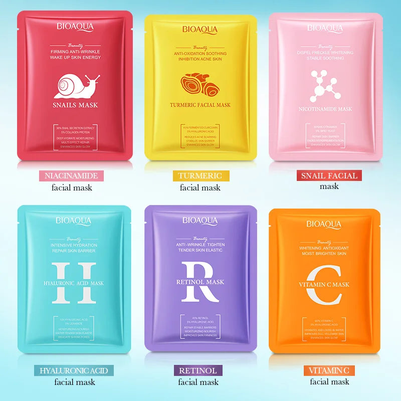 BIOAQUA 30 Sheets Facial Mask Set, 6 Kinds Hydrating Face Mask Patches with Snail & Hyaluronic Acid Extract