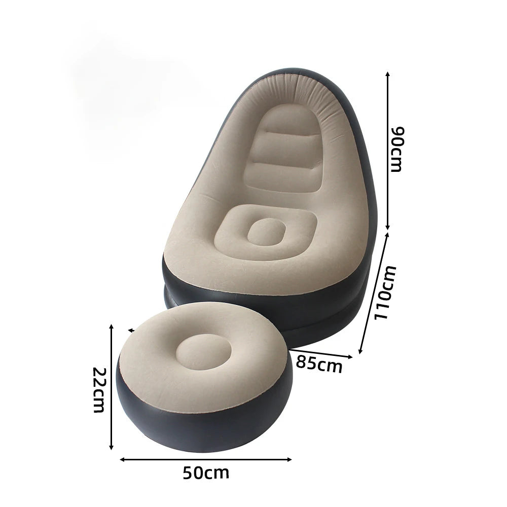 2 IN 1 Inflatable Sofa with Stool Soft Flocking Ergonomic Lounge Chair Fast Inflation Foldable Portable Waterproof PVC Sofa