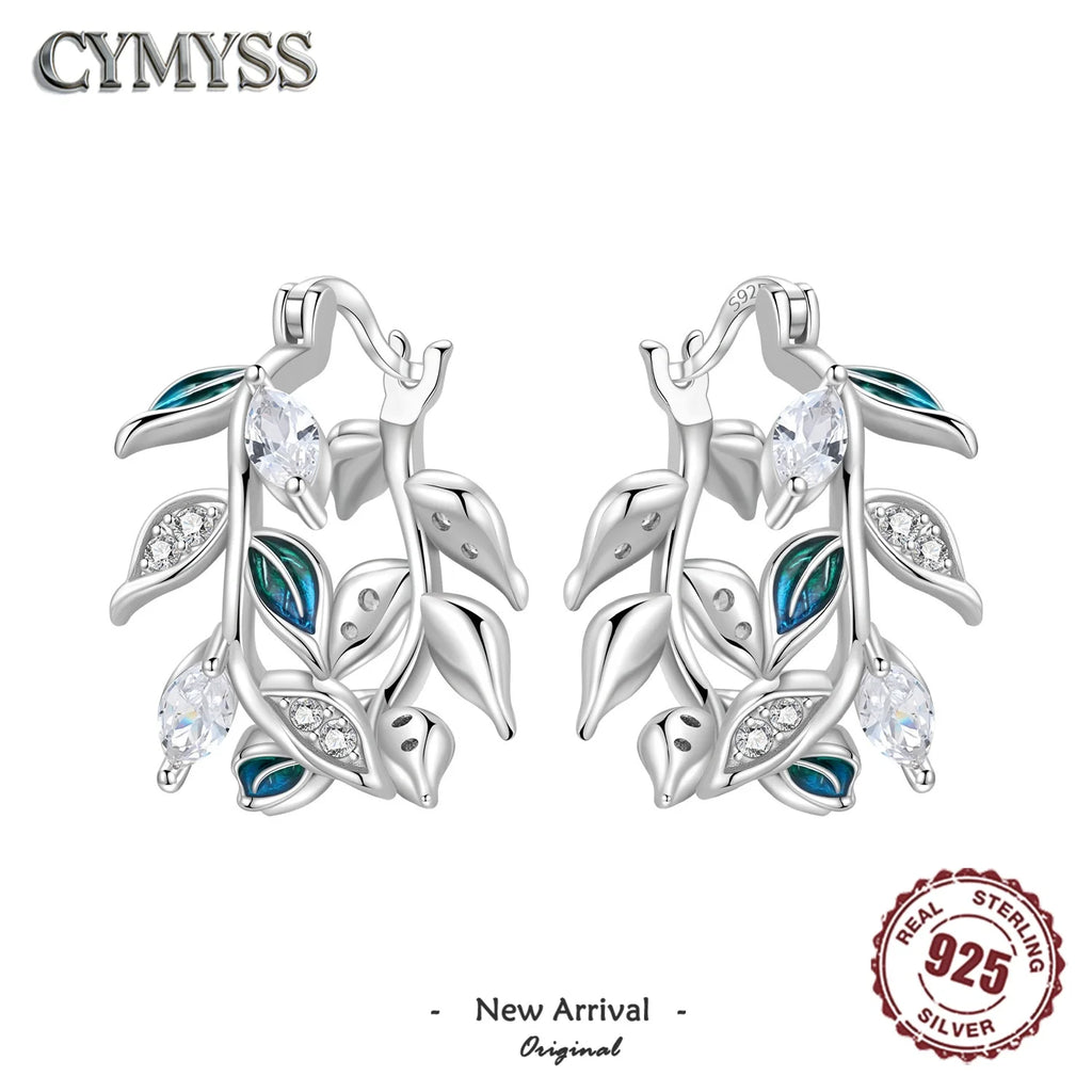 S925 Sterling Silver Leaf Hoop Earrings, Natural Plant Design
