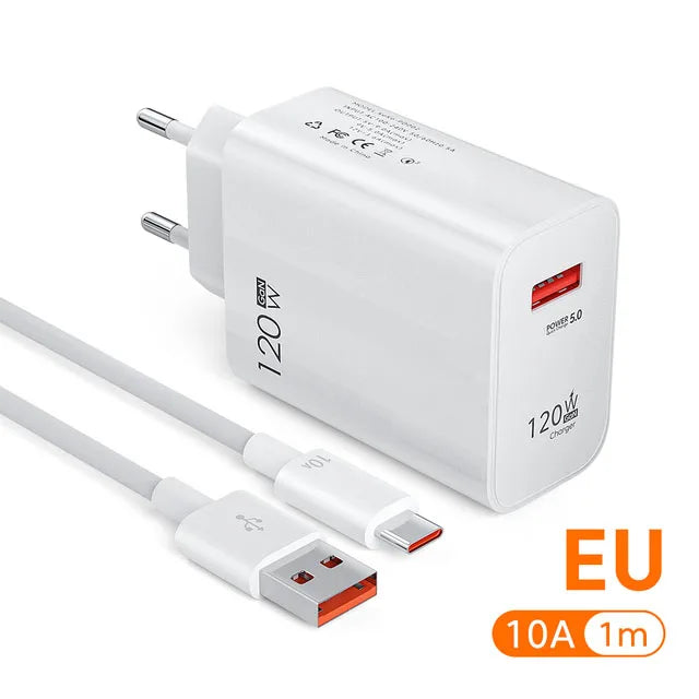 120W USB Fast Charging Charger Type C Cable Quick Charge Phone Adapter for Xiaomi 14 Redmi Oneplus Huawei Samsung Wall Charger