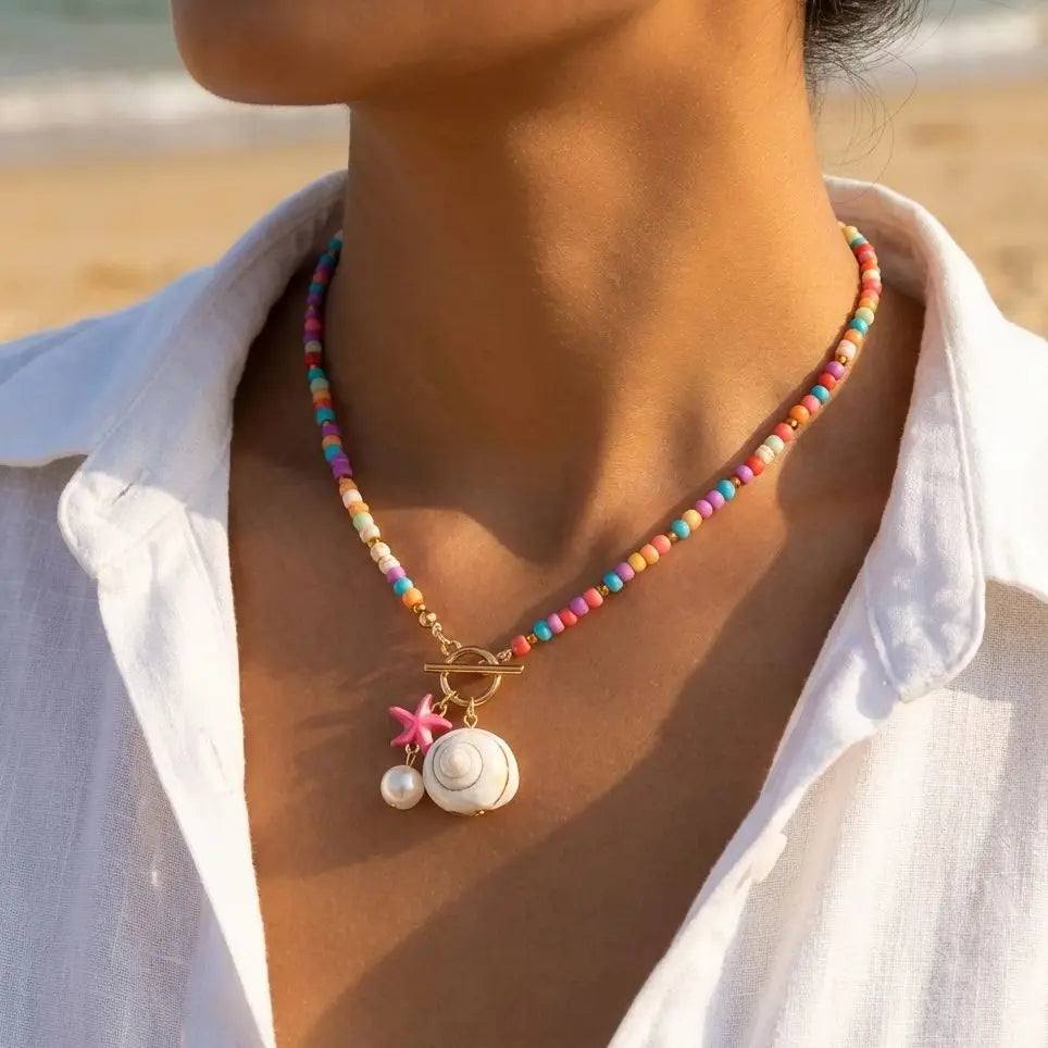 Bohemian Starfish Conch Pendant Necklace with OT Buckle Colorful Rice Beads Ceramic Fish Choker Necklace Beach Vacation Jewelry