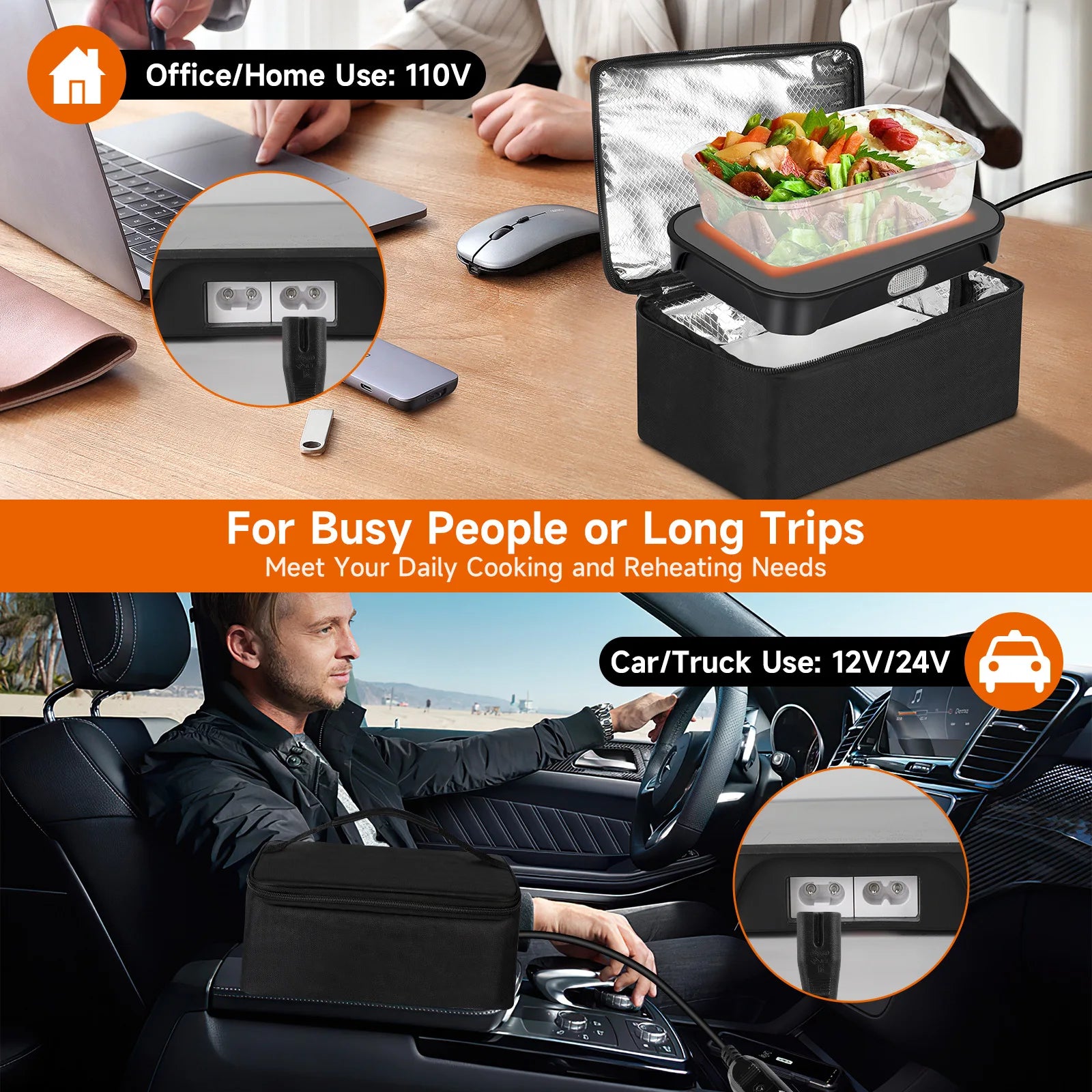 Electric Lunch Box 80W Fast Heating, 1.8L Portable Food Warmer Lunch Container for Car 12V & Home 220V, Stainless Steel Leakproof Heated Lunch Box with Insulated Bag & Utensils