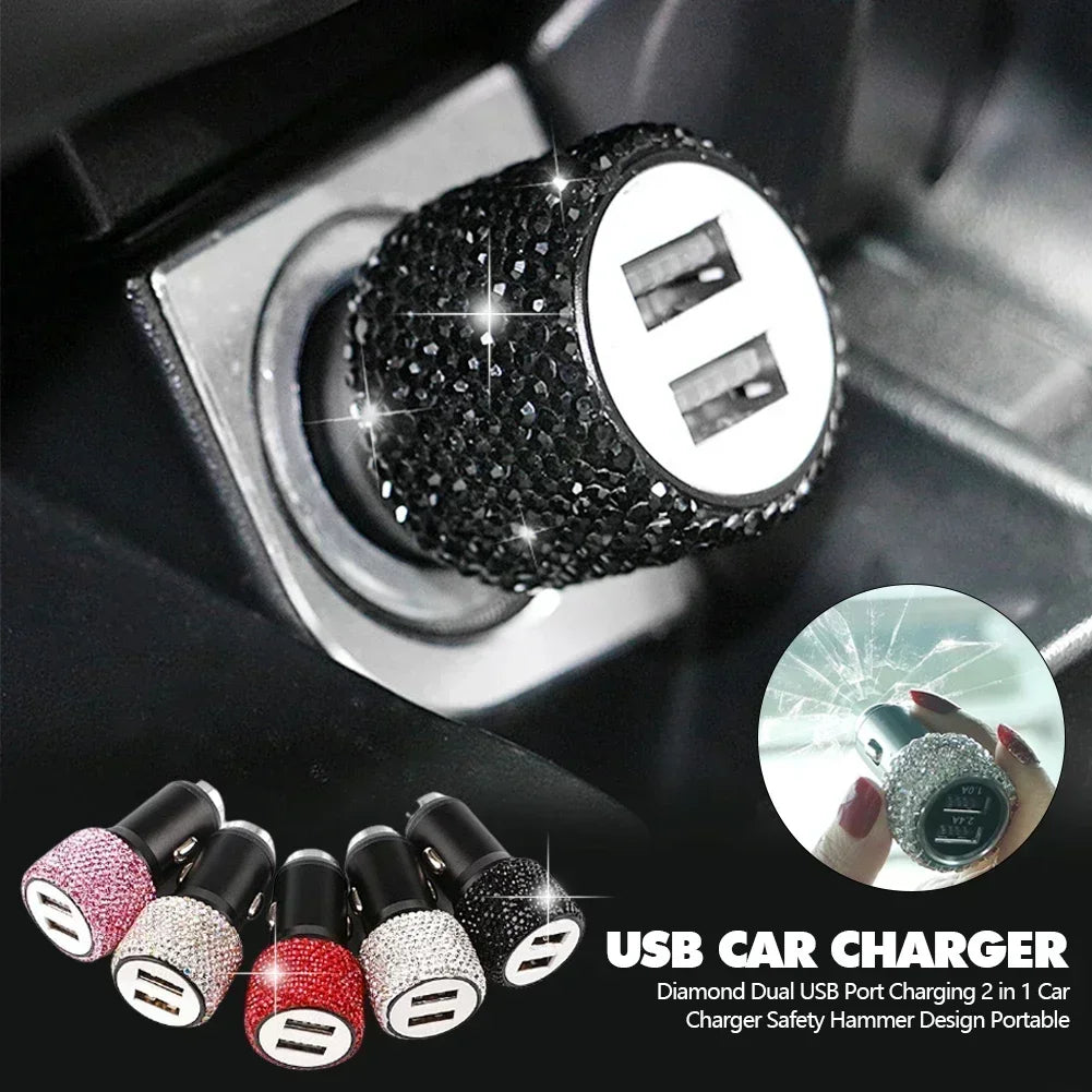 USB Car Charger Pink Crystal Diamond 5V 2.1A Dual Port Fast Charging Adapter 3 in 1 Cable for IPhone Samsung Huawei