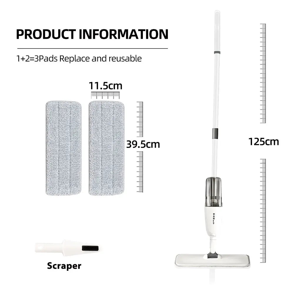 DARIS Spray Floor Cleaning Mop 500ML Wide Range Fan-shaped Mist Reusable Microfibers Pads 360°