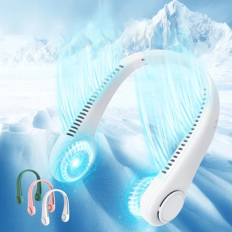 2026 Long endur New Mini Neck Mounted Fan Portable Bladeless Neck Rechargeable Air Cooler 3 Speed Mini Summer Sports Fan Outdoor