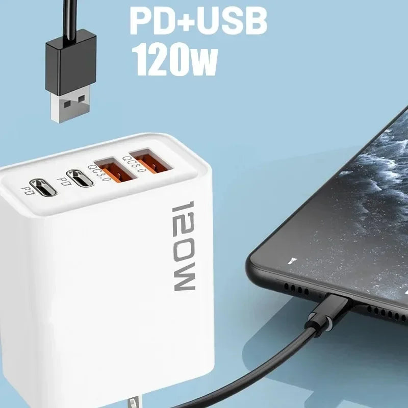 120W Quick Charge 4-Port USB C PD Fast Charger Wall Adapter For iPhone 17 16 15 Samsung S24 Xiaomi Huawei OnePlus EU US UK Plug