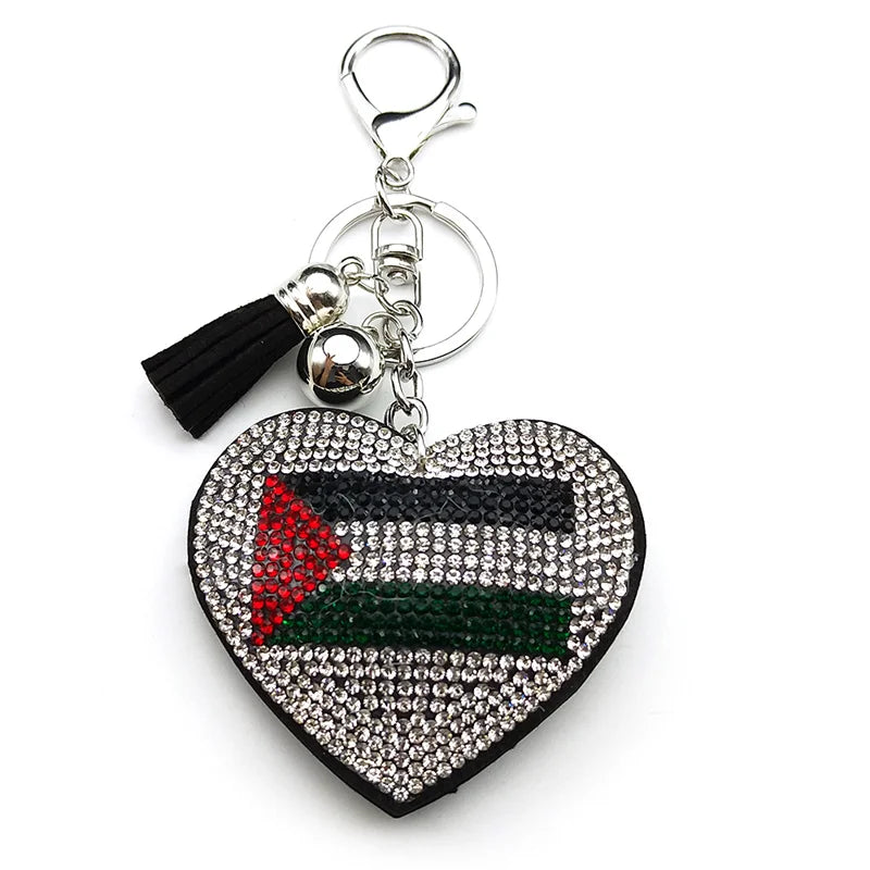 Palestine Flag Full Crystals Heart Shaped Key Chain for Women Men Leather Silver Color Keyring Bag Car Accessories Jewelry Gift