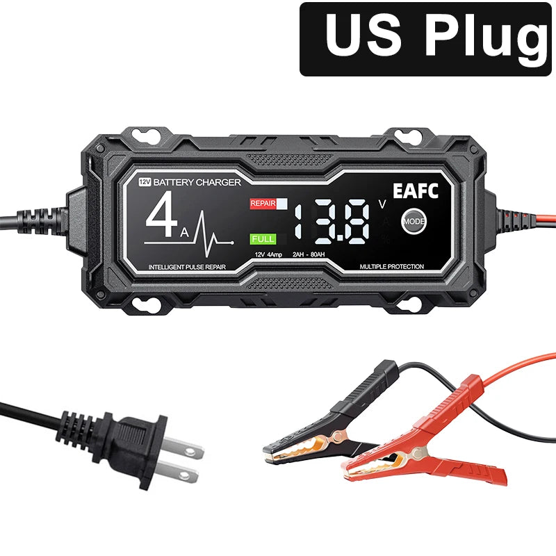 EAFC 12V 4A Car MotorcycleBattery Charger LCD Display  Intelligent Chargers Multiple protection Pulse Repair AGM BatteryCharger