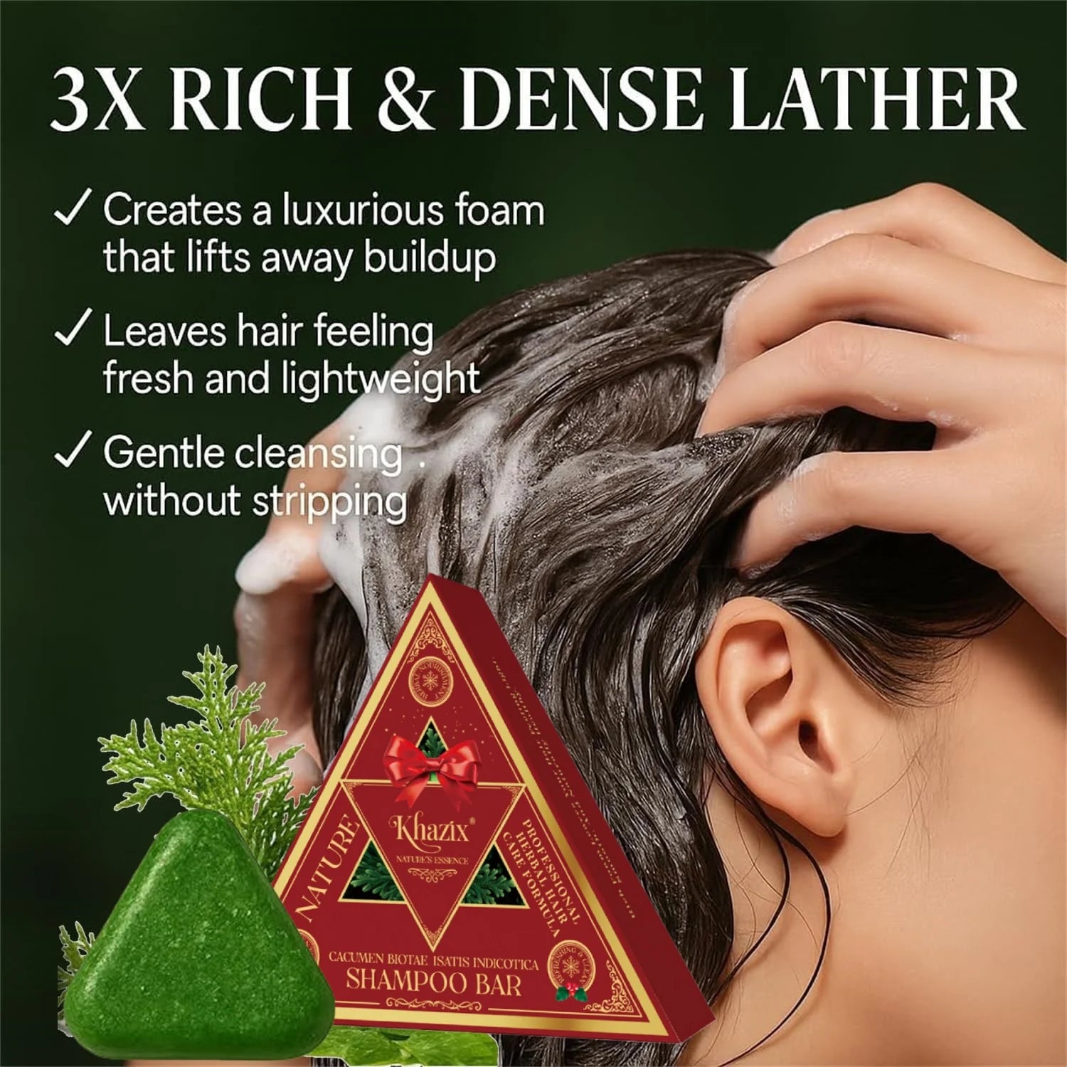 Green Triangle Soap Shampoo Bar with Usman Grass - Natural Cypress Leaf Solid Shampoo Bar for Natural Herbal Hair Care, Calming