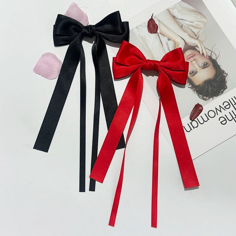Solid Double Bowknots Hair Clips Women Long Ribbon Bow