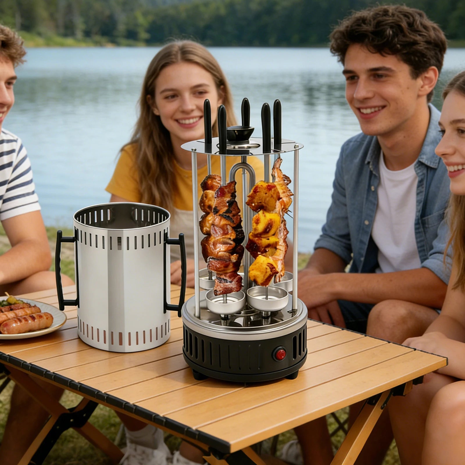 1000W Vertical Electric Grill 5/6 Skewer Stainless Steel Auto Rotating Kebab Machine with Oil Drip Pan for Kebobs Shawarma BBQ