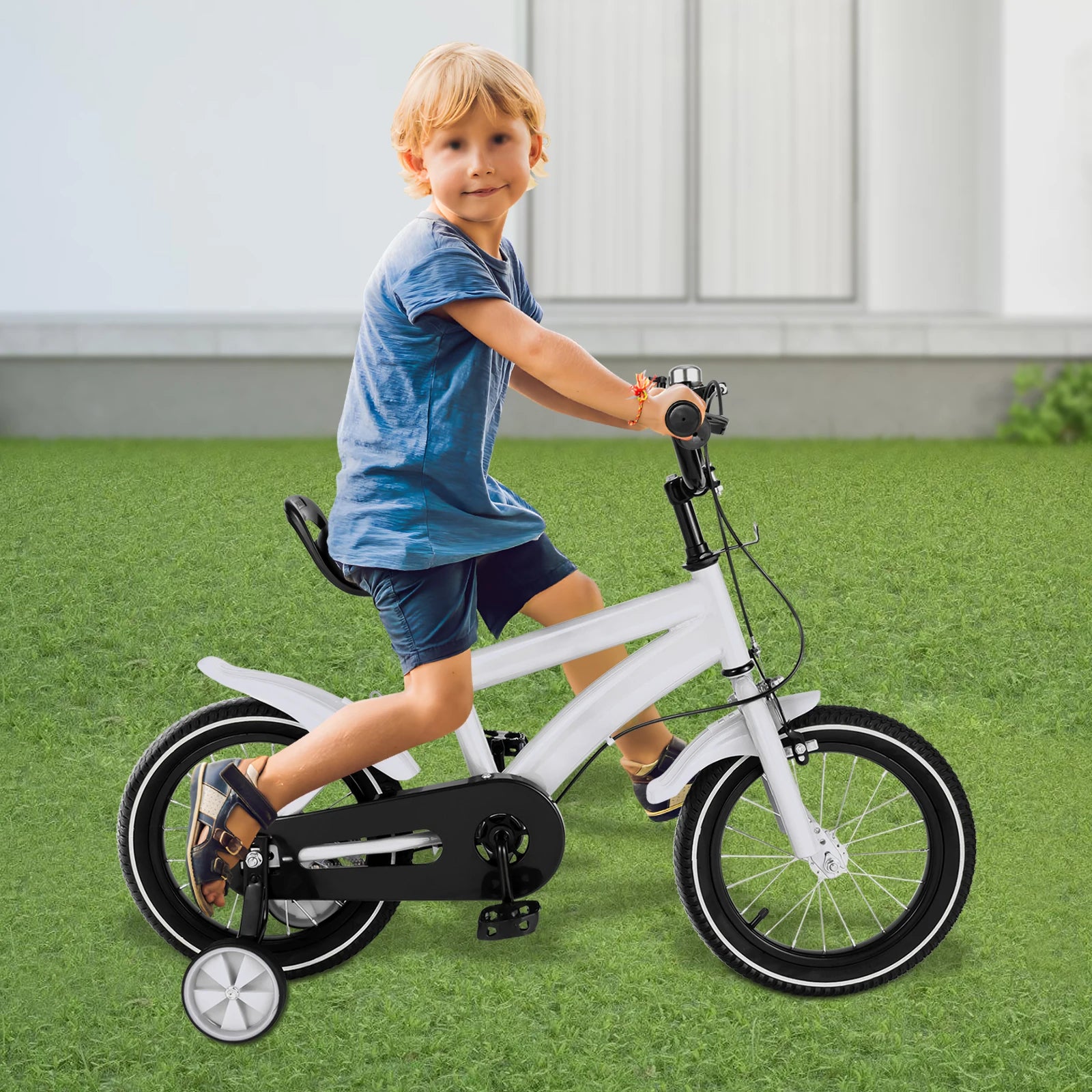 14inch Children's Bicycle with Training Wheel for 2-5 Year-Old Boys and Girls, Height Adjustable Kids Bike White/Yellow/Red/Blue