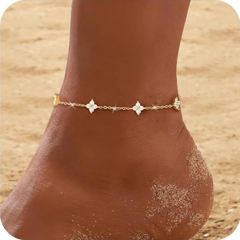 925 Sterling Silver Clover Design Ankle Bracelet for Women Dainty CZ Charm Chain Anklet Adjustable Lucky Flower Foot Jewelry