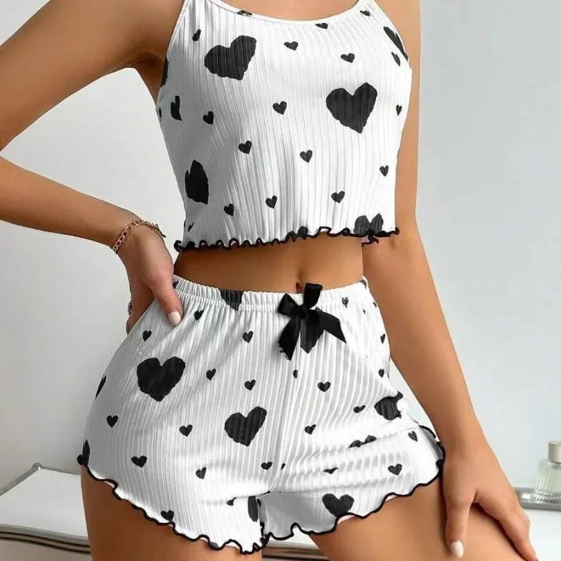 New Women's Pajama Set Knitted Love Printed Sweet Strap Shorts S M L