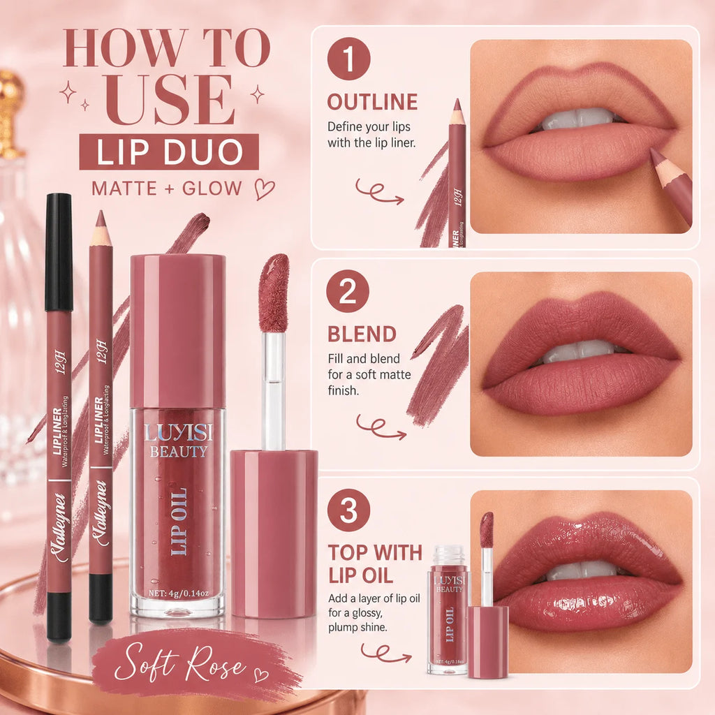2Pcs Lip Makeup Set:1pc Velvet Matte Lip Liner+1pc