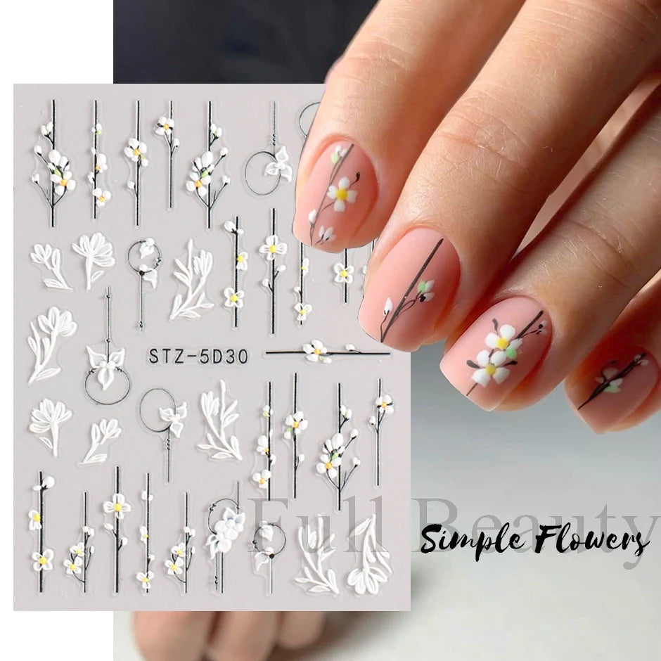 5D Simple Flowers Nail Embossed Stickers Elegant Wedding Design Adhesive Sliders Floral Textured Engraved Decoration Supplies