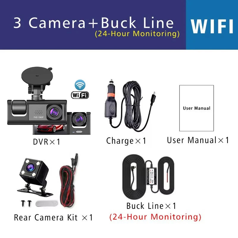WIFI-3 Camera Dash Cam For Car Camera FHD 1080P Video Recorder Car DVR Front Rear View Camera Night Vision Black Box Car Dashcam