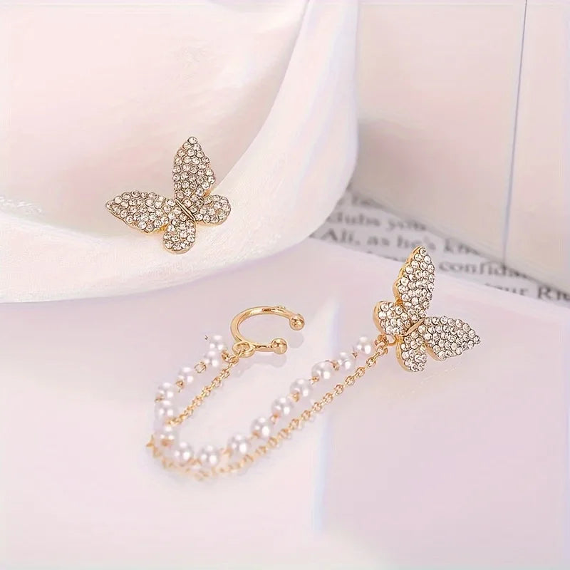Aesthetic Gold Color Zircon Butterfly Chain Earrings Dainty Double Layer Pearl