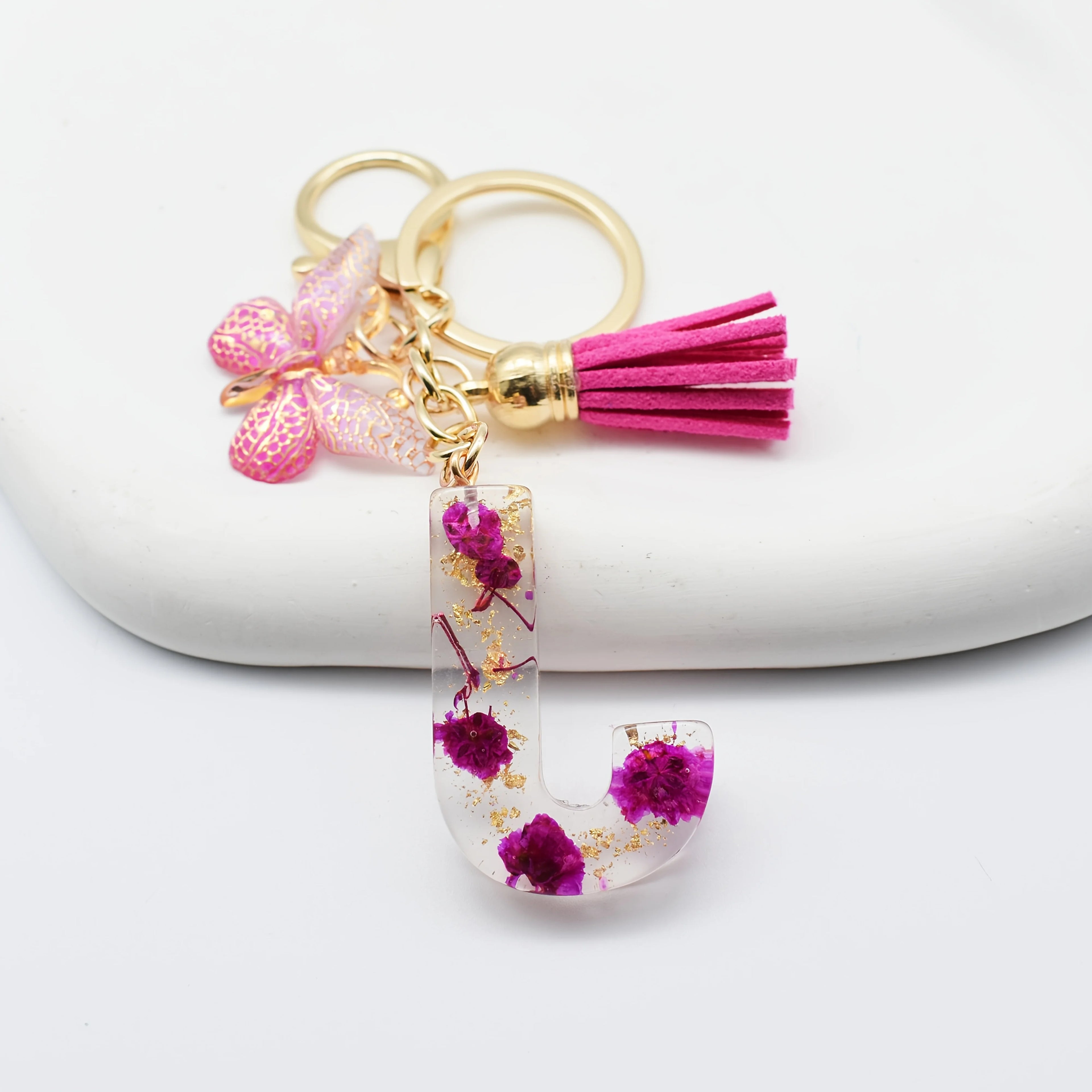 1PC Fashion Easter Alphabet Keychain - Dried Flower Resin Charm, A-Z Initial Pendant Butterfly Tassel, Non-Woven ABS Gift