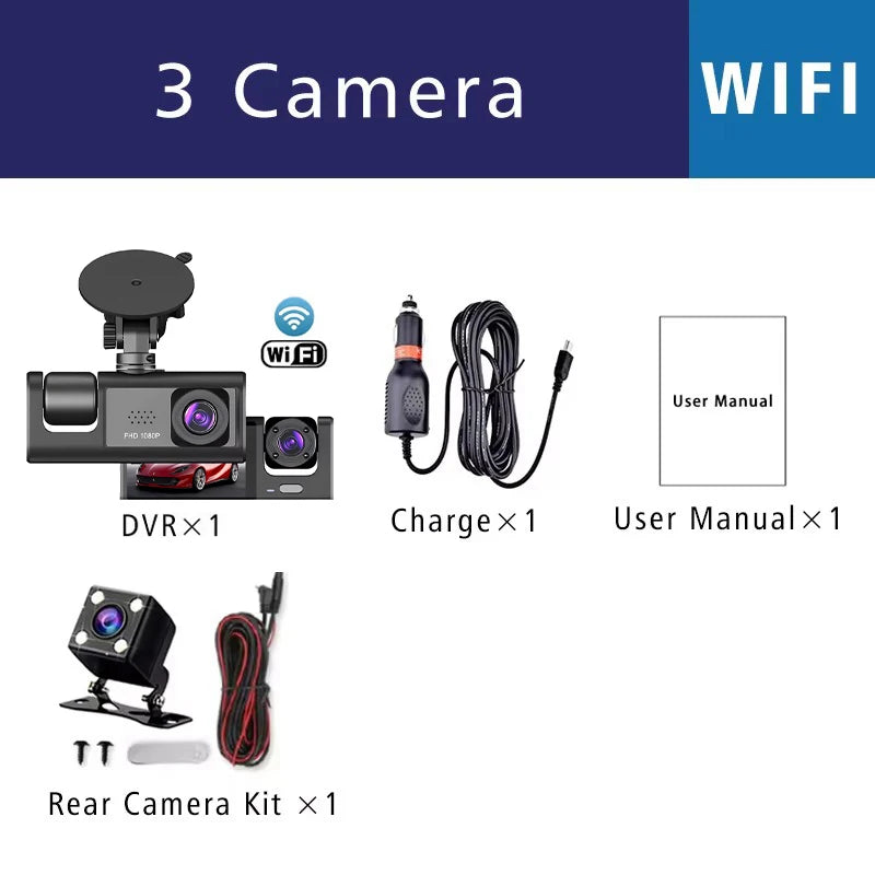 WIFI-3 Camera Dash Cam For Car Camera FHD 1080P Video Recorder Car DVR Front Rear View Camera Night Vision Black Box Car Dashcam