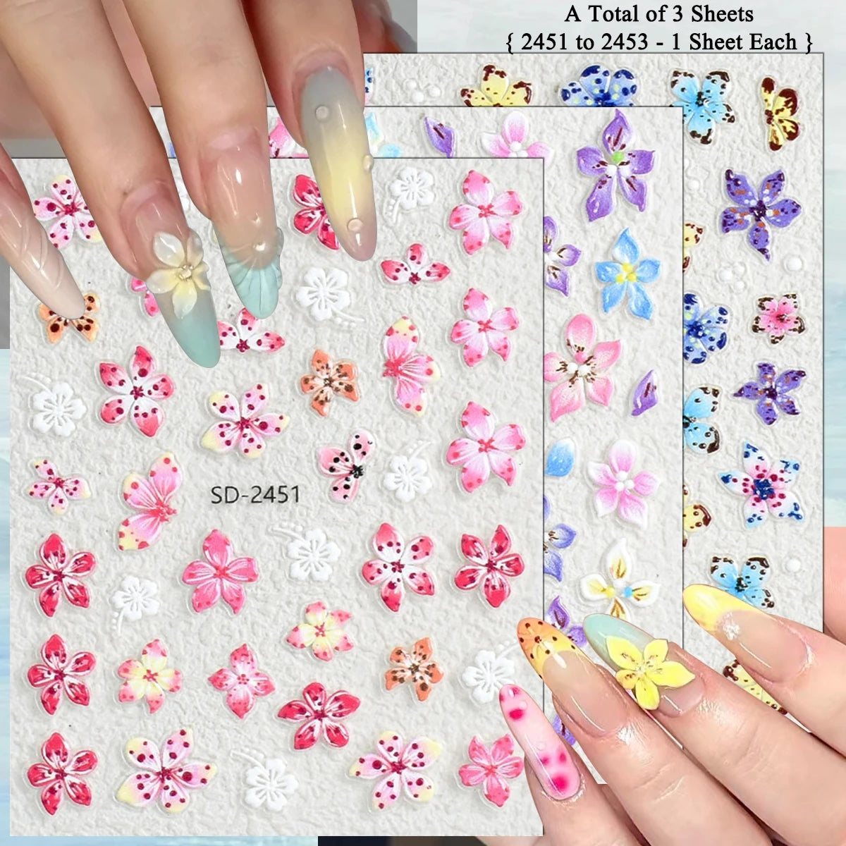 3 to 120 Sheets Tropical Flower Nail Stickers Hibiscus Butterfly Starfish