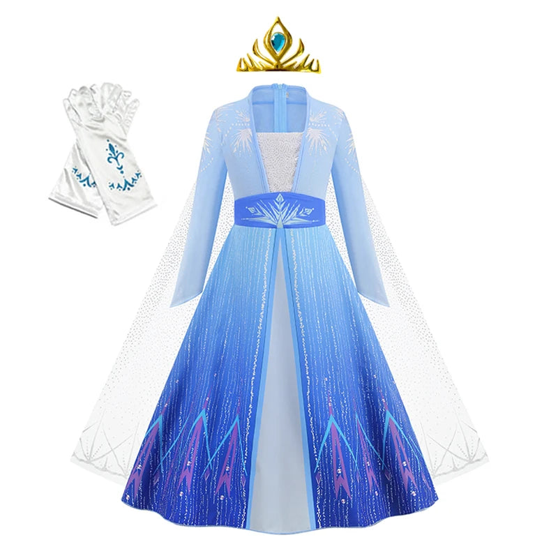 Elsa Princess Dress for Girls Blue Long Sleeve Cloak Carnival