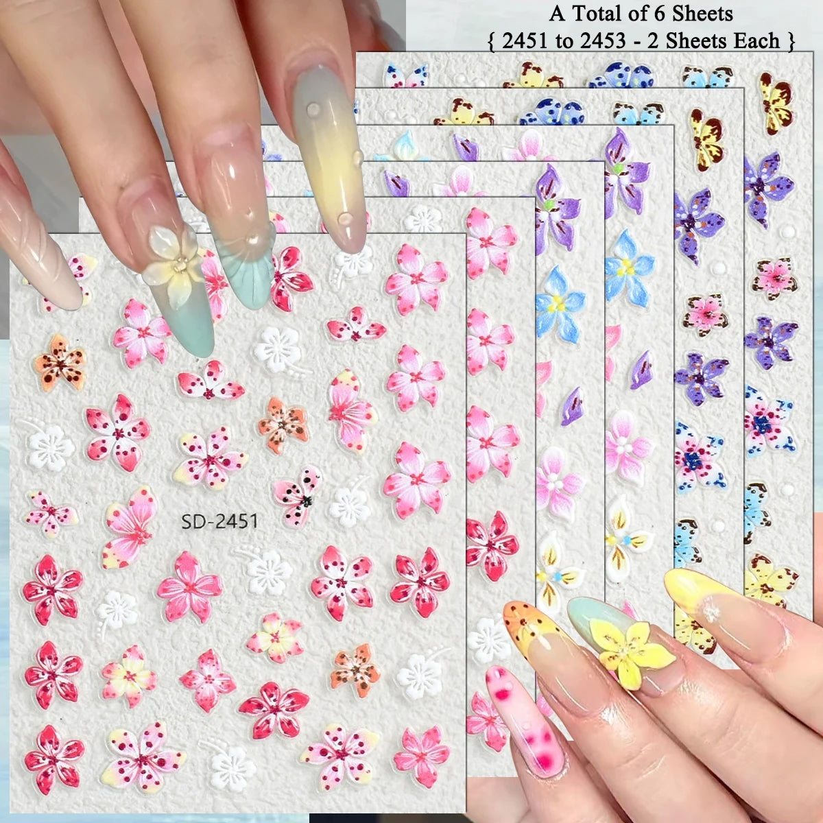 3 to 120 Sheets Tropical Flower Nail Stickers Hibiscus Butterfly Starfish
