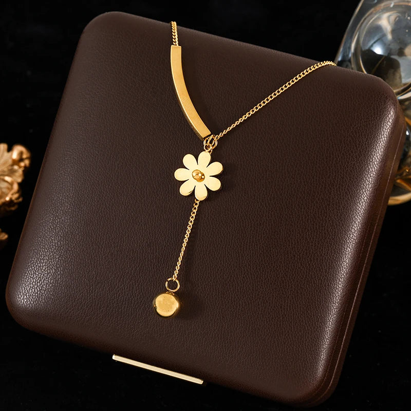 GANEMLY 316l Stainless Steel Metallic Gold Color Sun Pendant Necklace Women Chic Romantic Waterproof Neck Chain Jewelry Gift