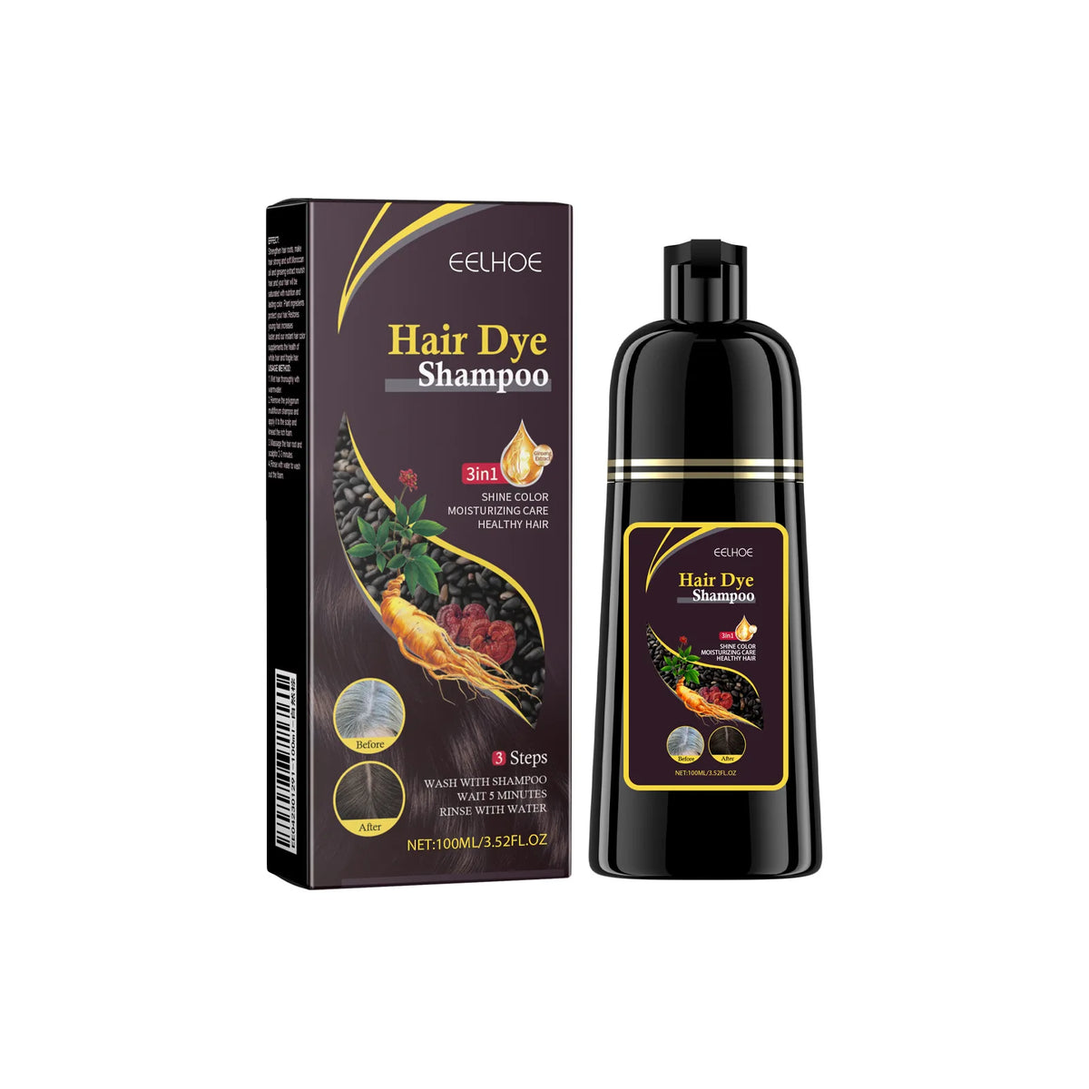 EELHOE Black Hair Dye Shampoo 3 in 1 Growth Clean Hair Darkening Deep Nourishing