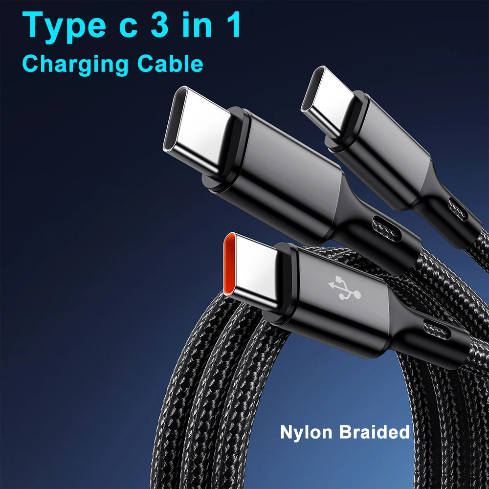 100W 3 in 1 Fast Charging Data Cable USB to 3 Type C Quick Charge