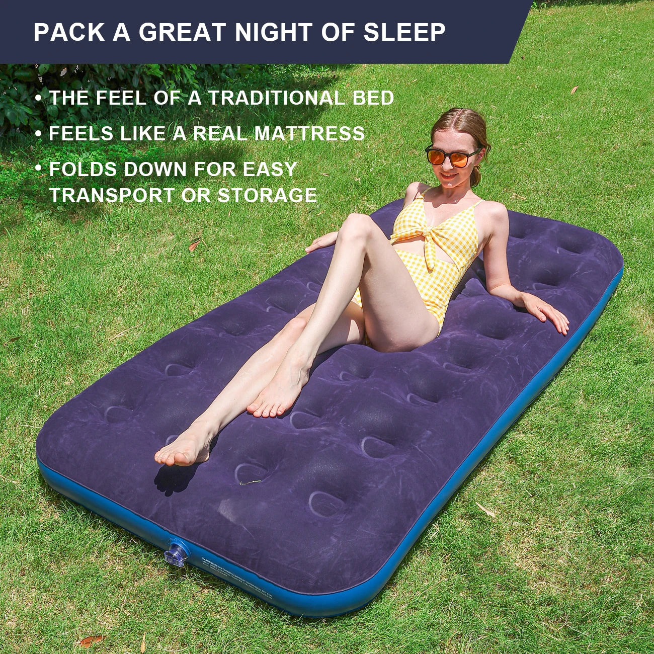 Twin Size Air Mattress Inflatable Bed, Blow Up Mattress Camping Sleeping Pad ， Standard Downy Air Mattress，300lb Weight Capacity
