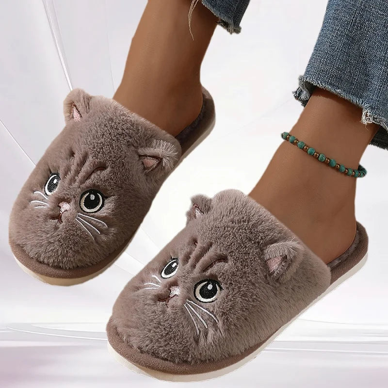 2025 Women Cute Cat Fluffy Furry Home Slippers Couples Indoor