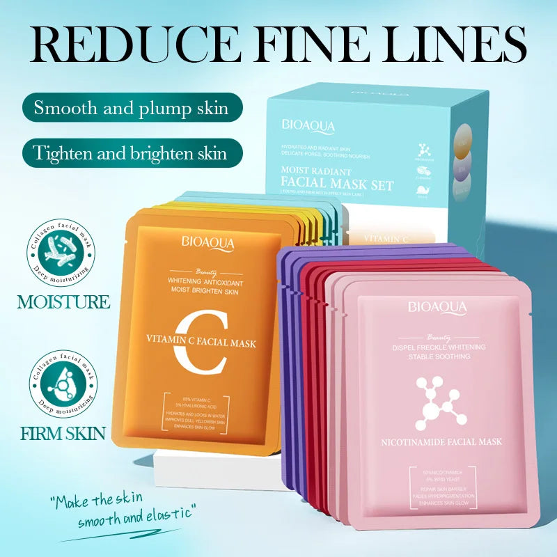 BIOAQUA 30 Sheets Facial Mask Set, 6 Kinds Hydrating Face Mask Patches with Snail & Hyaluronic Acid Extract