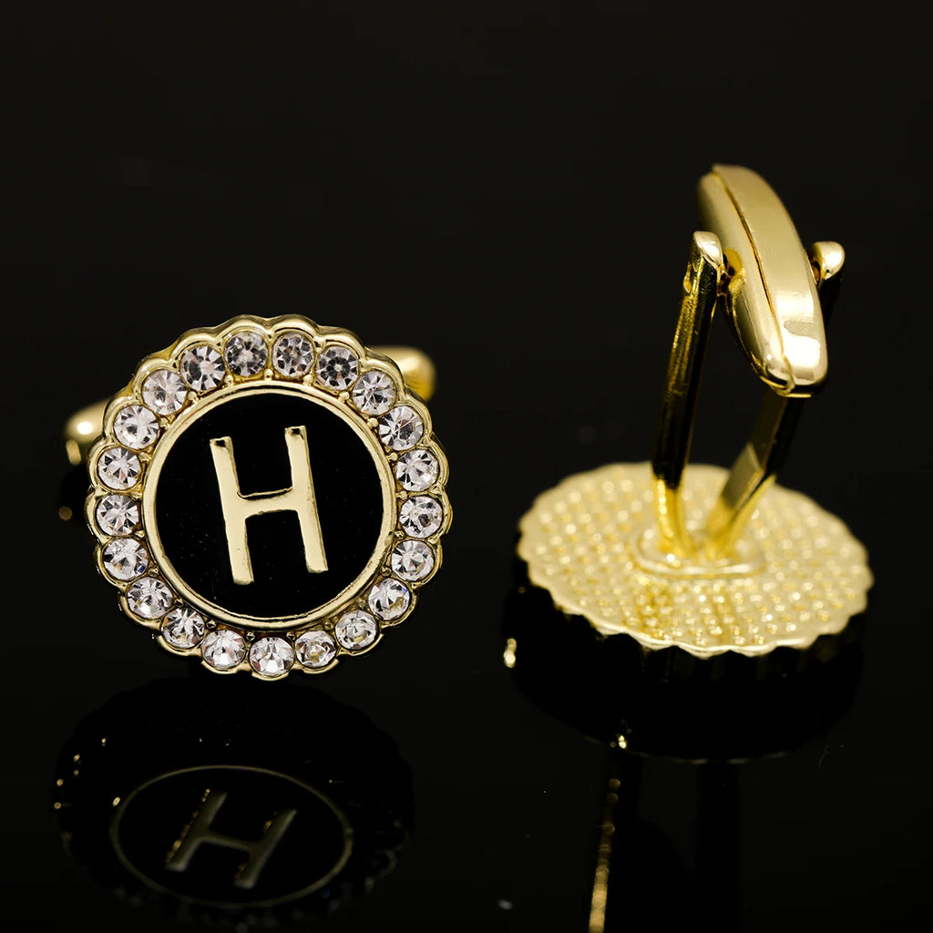 26 Initial Capital Letter A-Z Mens Cufflinks Galaxy Golden Color Gear Shape Crystal Cuff Links Formal Shirt Suit Jewelry Gift