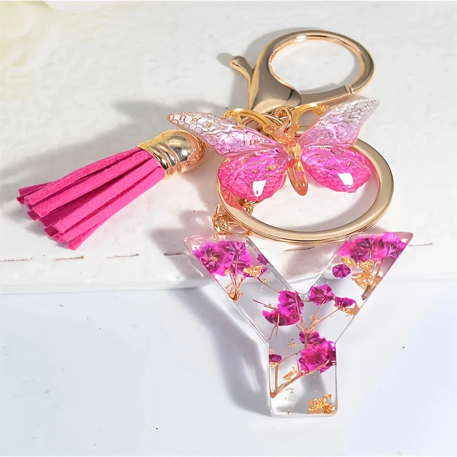 1PC Fashion Easter Alphabet Keychain - Dried Flower Resin Charm, A-Z Initial Pendant Butterfly Tassel, Non-Woven ABS Gift