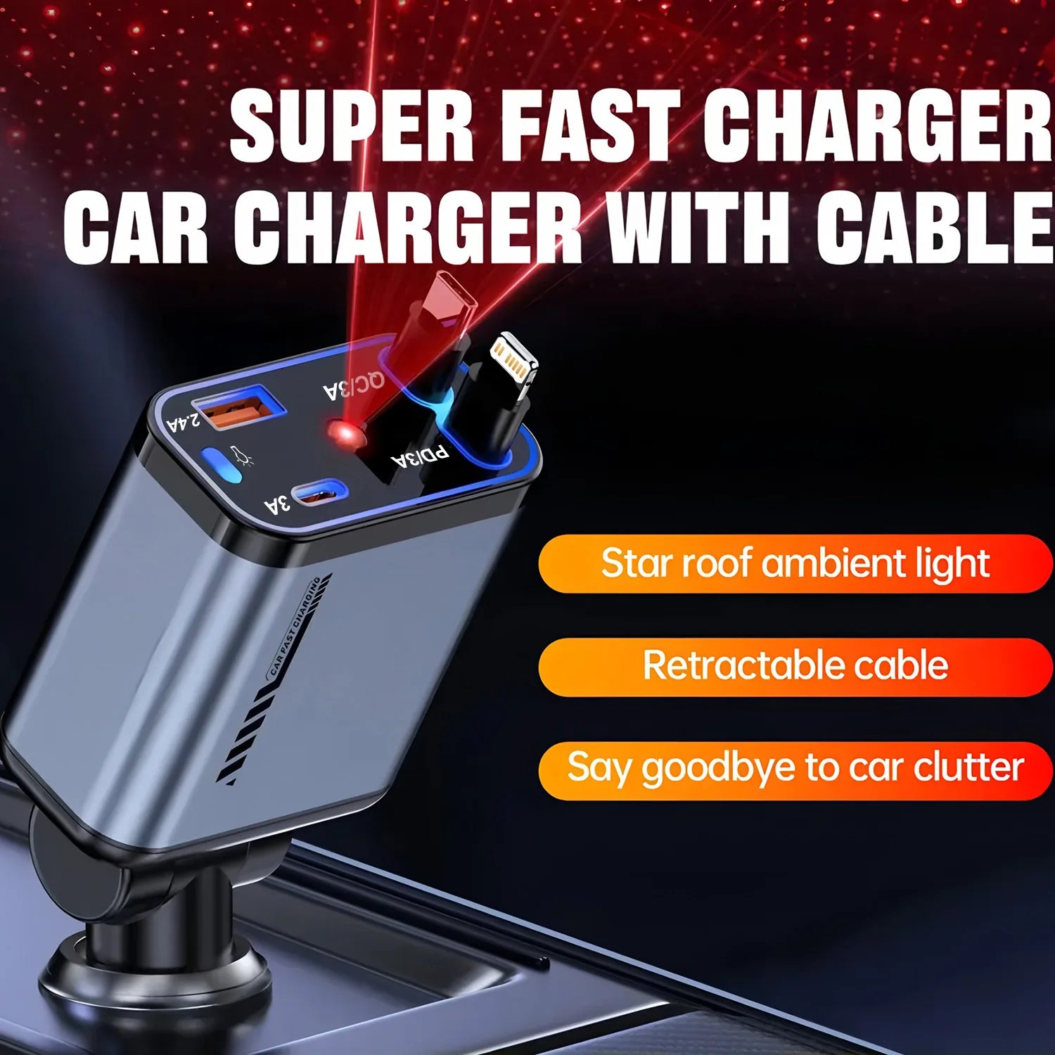 4 IN 1 Retractable Car Charger USB Type C Cable For IPhone Huawei Samsung Fast Charge Cord Cigarette Lighter Adapter