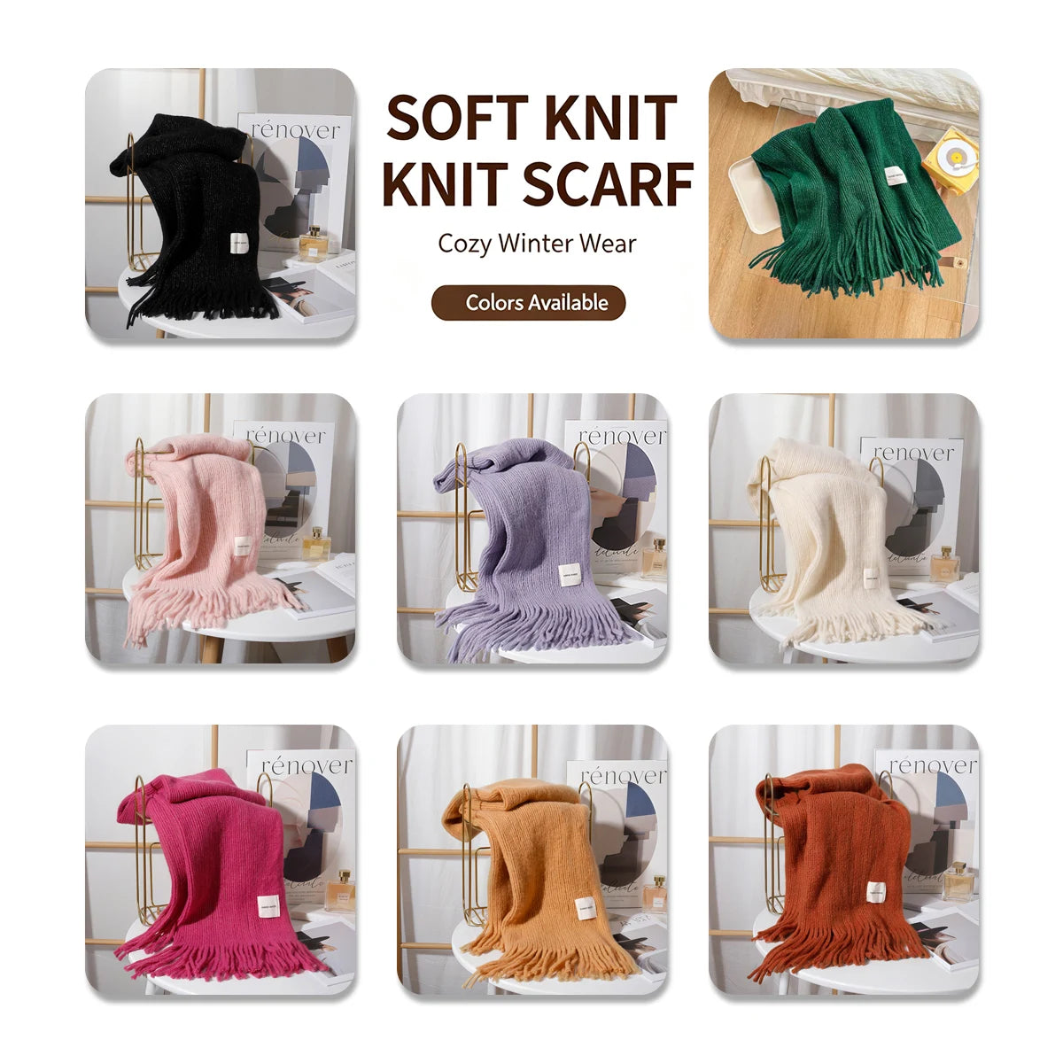 Women Solid Color Knitted Tassel Scarf