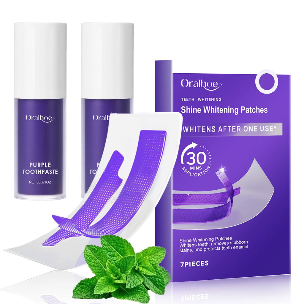 Purple Teeth Whitening Combo Kit – Stain Removing Strips & Colour-Correcting Serum 30-Min Fast Brightening
