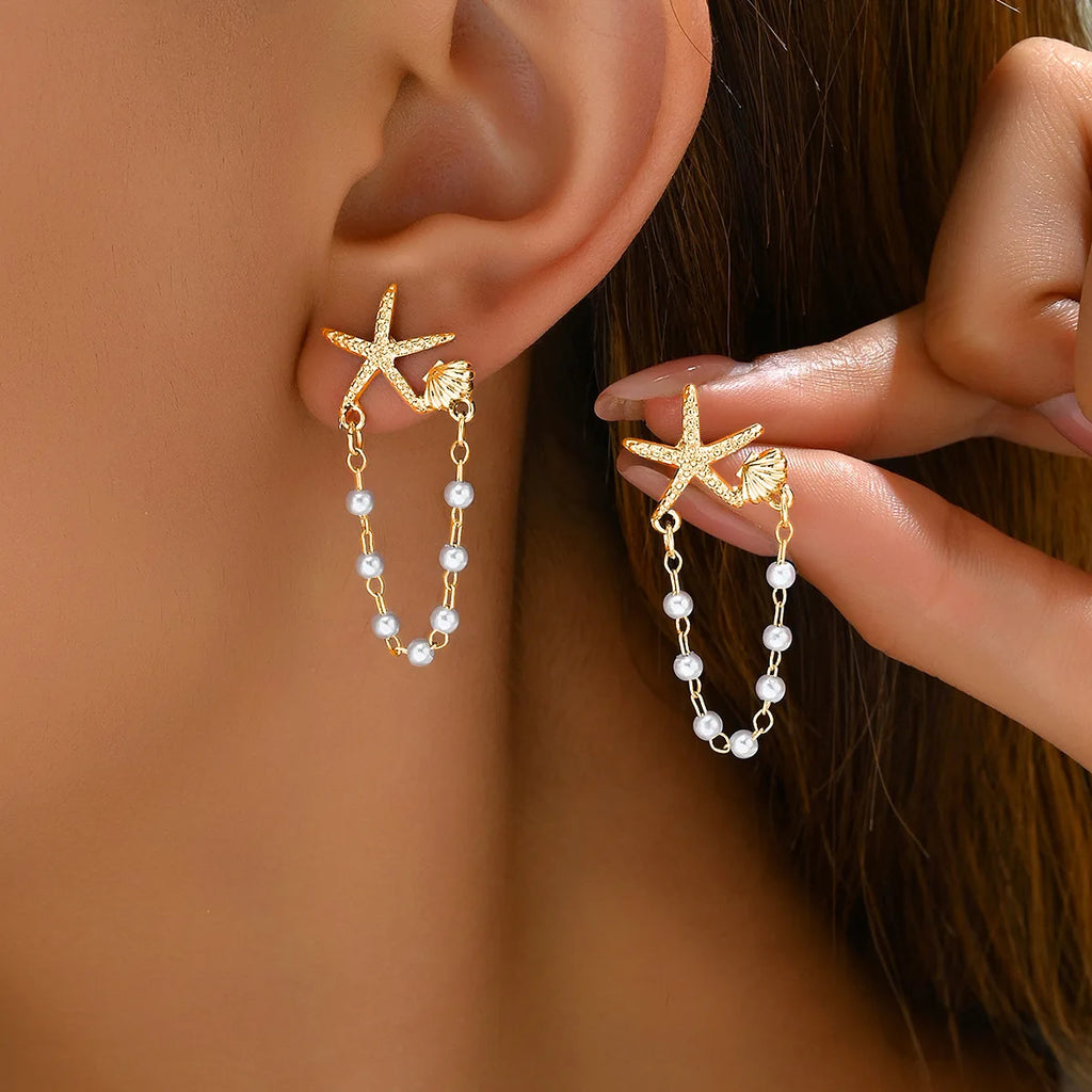 2026 Trendy Gold Color Starfish Stud Earrings for Women Small Star Imitation Pearl Pendant Earring Summer Beach Daily Jewelry