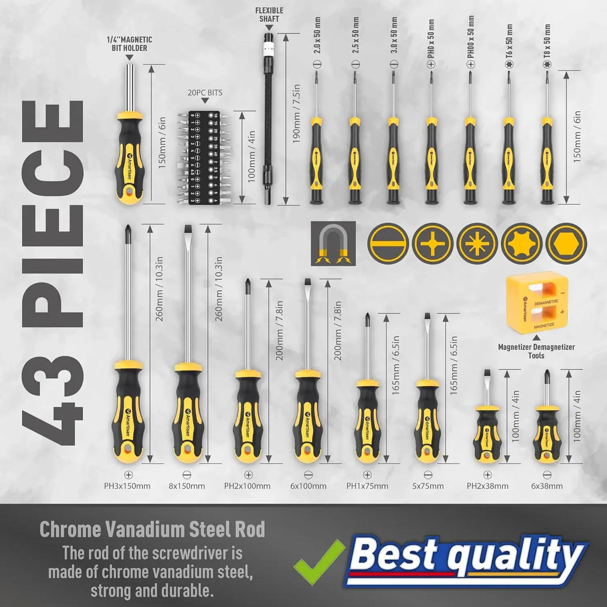 1Set Magnetic Screwdrivers Set with Case,43pcs Includs Slotted Phillips Hex Pozidriv Torx and Precision