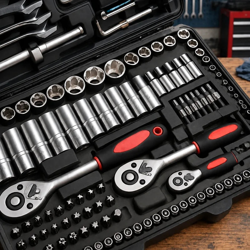 46-Piece Socket Set with Chrome Vanadium Tools, Ratchet, Extensions, and Portable Case for Car and Home Repairs