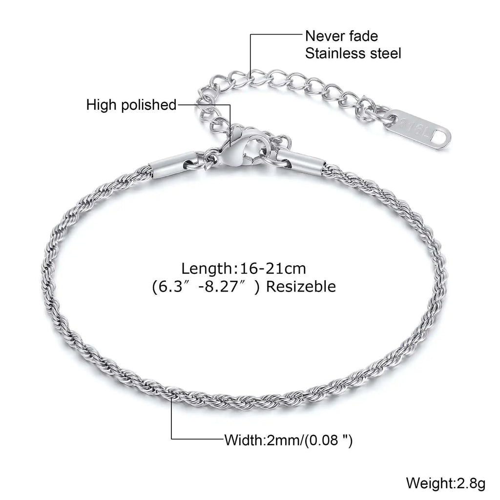 Vnox 2/3/4/5mm Unisex Rope Chain Bracelets for Men Women, Stainless Steel Adjustable Twisted Links Chain Bracelet Wristband New