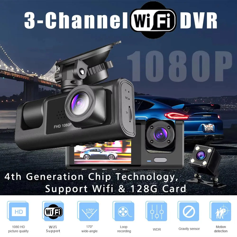 WIFI-3 Camera Dash Cam For Car Camera FHD 1080P Video Recorder Car DVR Front Rear View Camera Night Vision Black Box Car Dashcam