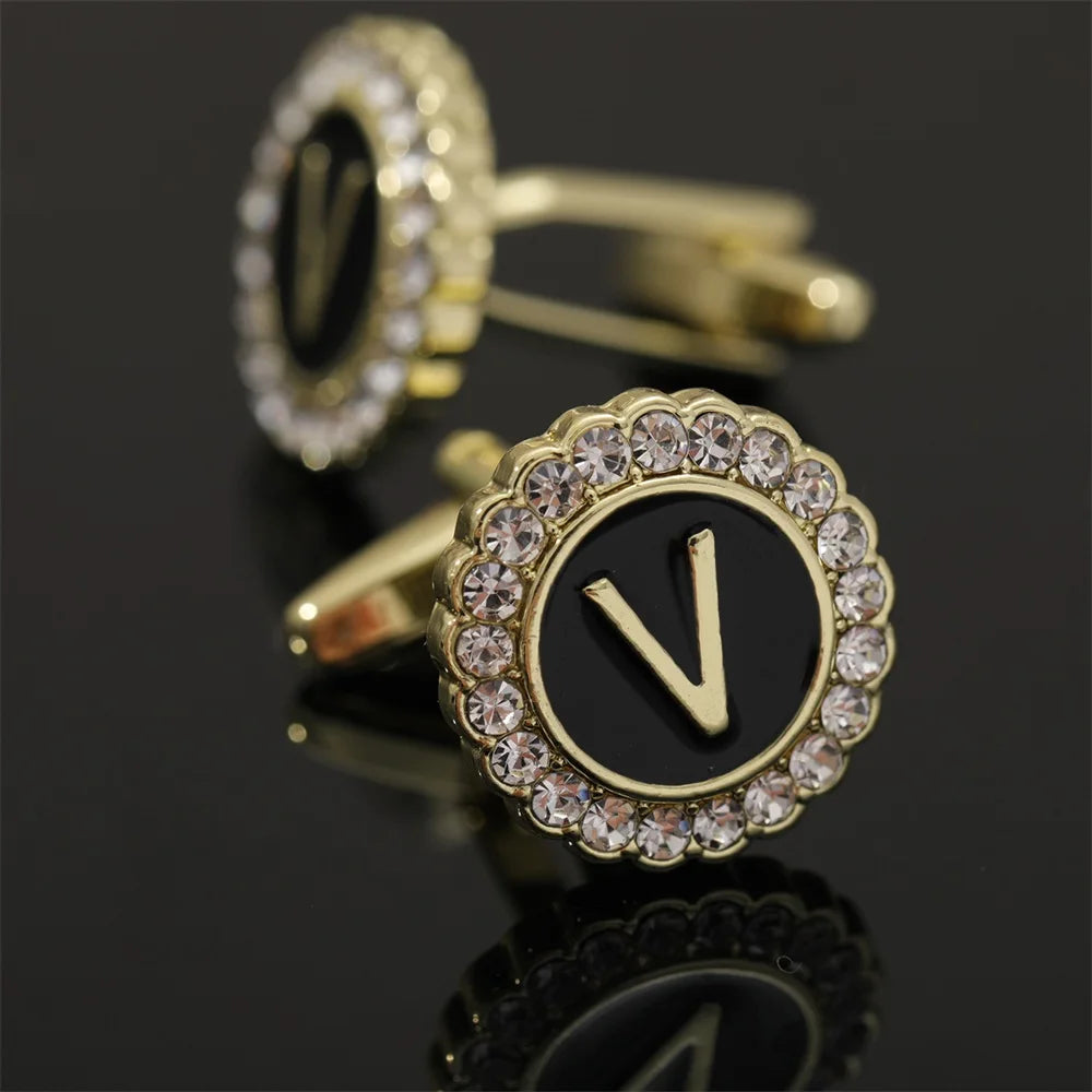 26 Initial Capital Letter A-Z Mens Cufflinks Galaxy Golden Color Gear Shape Crystal Cuff Links Formal Shirt Suit Jewelry Gift