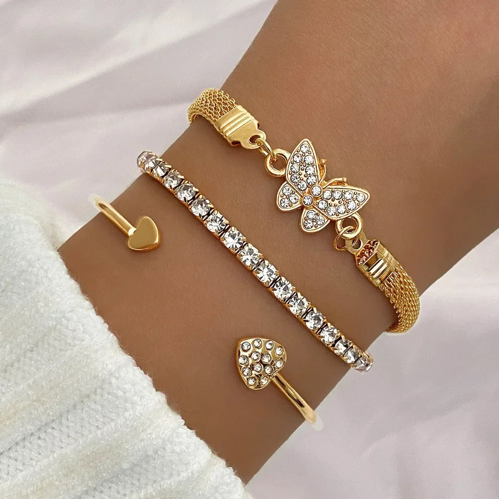 1/3pcs Crystal Rhinestone Heart Bracelets for Women Fashion Geometric Adjustable Infinity Cuff Bangle Jewelry