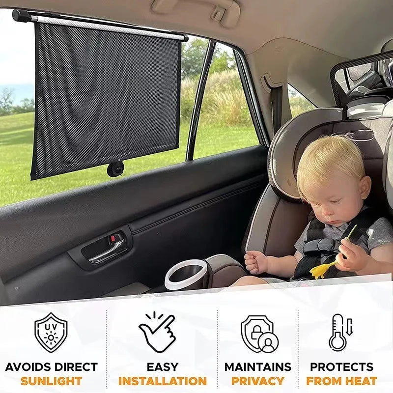 Retractable Car Side Window Sunshade UV Blocking Roller Curtain Mesh PVC Sun Protection Cover Summer Car Travel Accessory