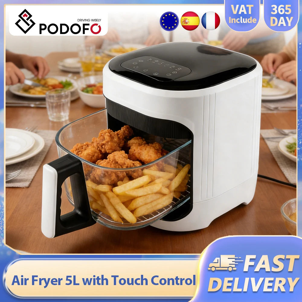 Podofo 1350W Air Fryer 5L with Touch Control Adjustable Temperature Up to 200°C Oil-free Cooking 7 Preset Menus for 3-5 People