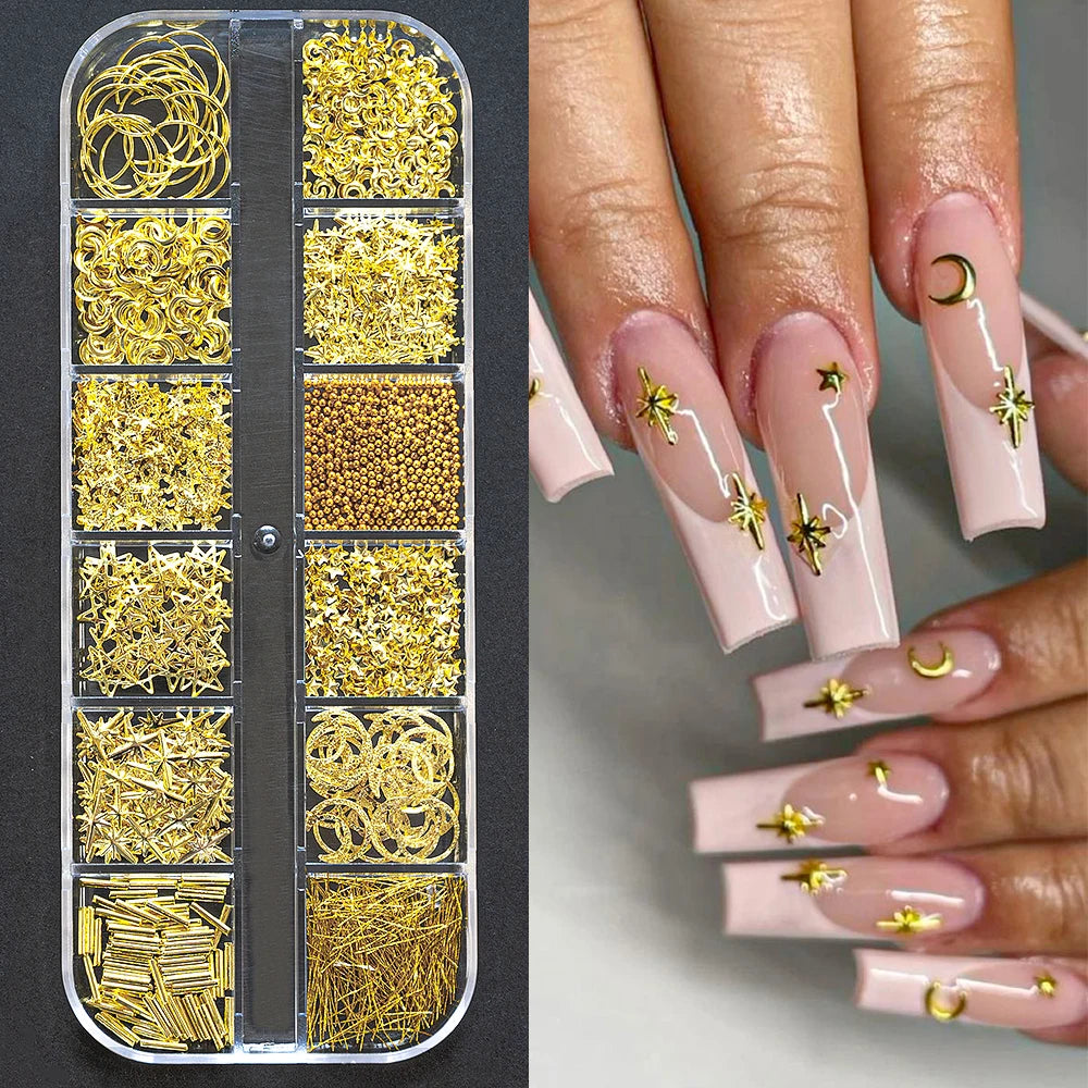 12Grids Silver Star Moon Glitter Nail Charms Mixed Metallic Tips Slice Rivet 3D FlatBack Gold Silver Star DIY Alloy Nail Studs_-